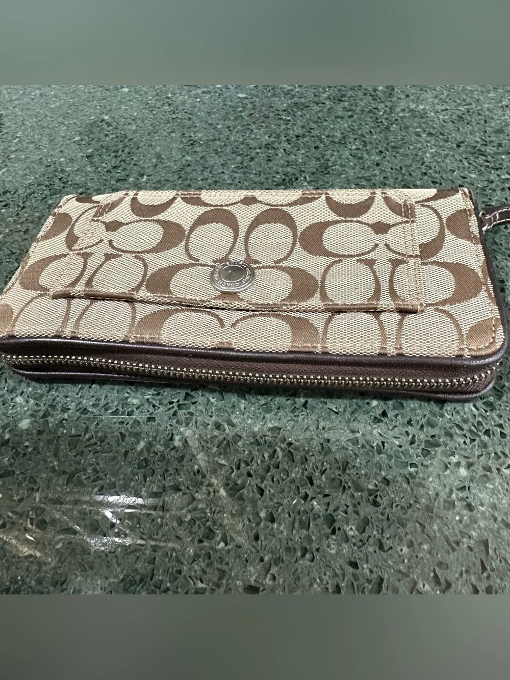 Coach Signature Canvas Zip Around Wallet Brown Tan Logo Print